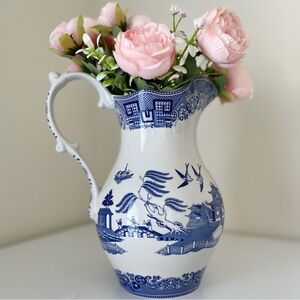 Vintage Spode Pitcher Vase Chinoiserie Fine China Delft Blue and White Willow